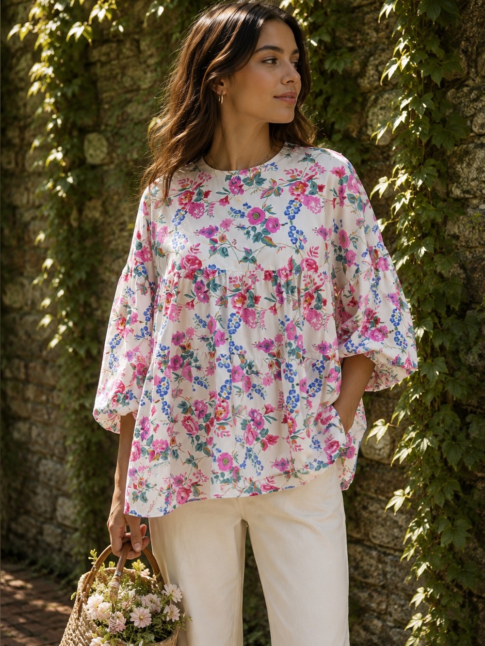 LUNAR FOX Oversized Cottagecore White Floral Tiered Babydoll Blouse, 12